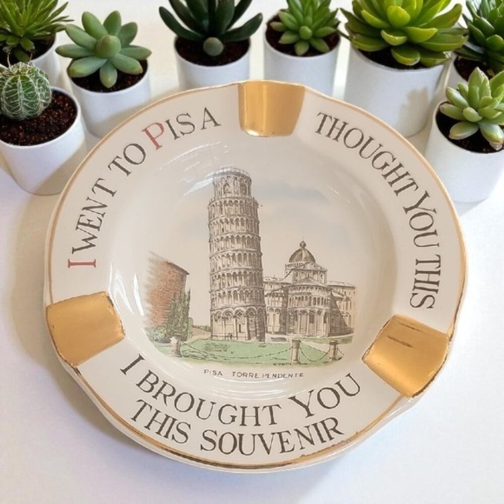 Vintage Pisa Souvenir Ashtray Gold Accents Made  Italy Verbanum Stone Laveno